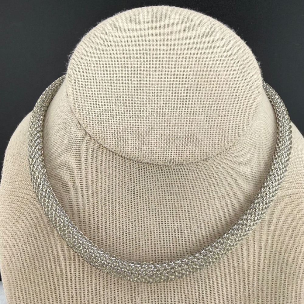 Vintage Les Bernard Necklace Silver Tone Woven Mesh Collar Statement 14in